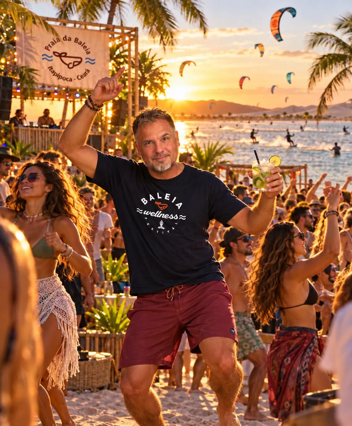 Festival guest dancing on the sand with a drink at sunset