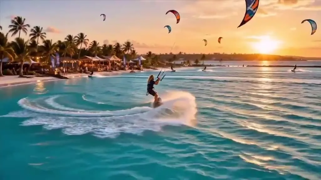 Kitesurfer riding the turquoise lagoon of Praia da Baleia